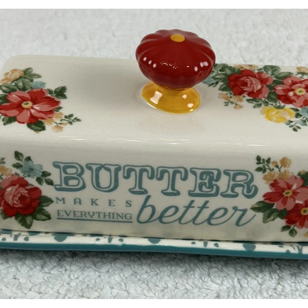 Pioneer Woman Single Stick Butter Dish Vintage Floral Stoneware Teal Red Ivory